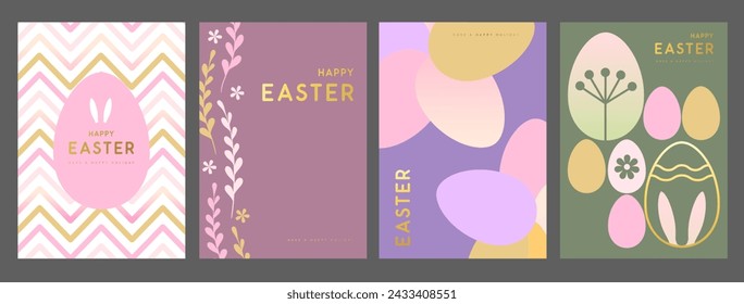 Set of holiday flat Easter posters with rabbit ears, Easter eggs, willow branch and floral elements. Vector illustration