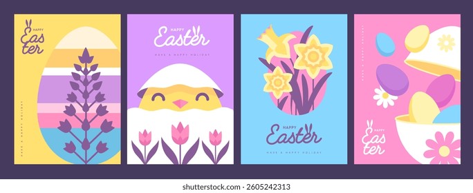 Set of holiday flat Easter posters with rabbit ears, Easter eggs, chicken and flowers. Vector illustration