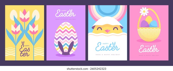 Set of holiday flat Easter posters with rabbit ears, Easter eggs, chicken, rainbow and flowers. Vector illustration