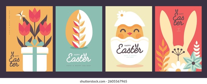 Set of holiday flat Easter posters with rabbit ears, Easter eggs, chicken, willow branch and flowers. Vector illustration
