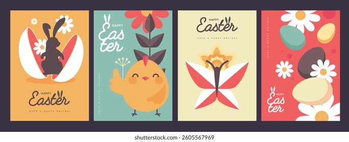 Set of holiday flat Easter posters with rabbit ears, Easter eggs, chicken, willow branch and flowers. Vector illustration