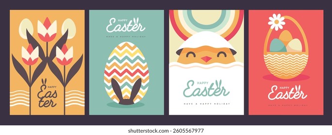Set of holiday flat Easter posters with rabbit ears, Easter eggs, chicken, rainbow and flowers. Vector illustration