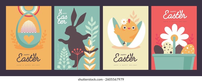 Set of holiday flat Easter posters with rabbit ears, Easter eggs, chicken, willow branch and floral elements. Vector illustration