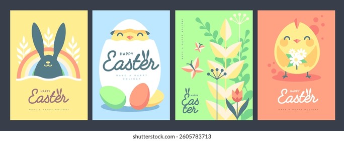 Set of holiday flat Easter posters with rabbit ears, Easter eggs, chicken, willow branch and flowers. Vector illustration