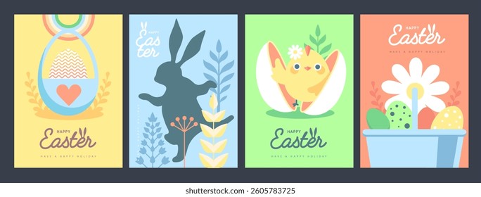 Set of holiday flat Easter posters with rabbit ears, Easter eggs, chicken, willow branch and floral elements. Vector illustration