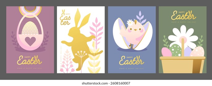Set of holiday flat Easter posters with rabbit ears, Easter eggs, chicken, willow branch and floral elements. Vector illustration