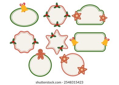 Set of holiday frames, borders with cute winter elements. Christmas stickers. Isolated on transparent background. Vector illustration. For cards, presents, gifts, social media 