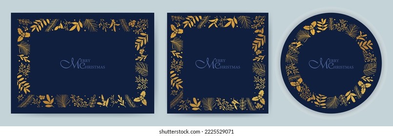 A set of holiday frames for cards in blue and gold. Christmas, holiday templates with ornate Christmas ornament, floral background. Suitable for postcards, invitations, backgrounds, menus, box.