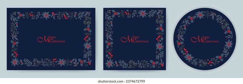 Un conjunto de marcos de vacaciones para tarjetas en azul, rojo y oro. Navidad, plantillas de vacaciones con ornamentación navideña, fondo floral. Adecuado para postales, invitaciones, fondos, menús, caja.