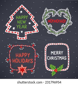 Conjunto de marcos de vacaciones. Árbol de Navidad, corazón, dulces y guirnaldas. Ilustración vectorial dibujada por Chalk
