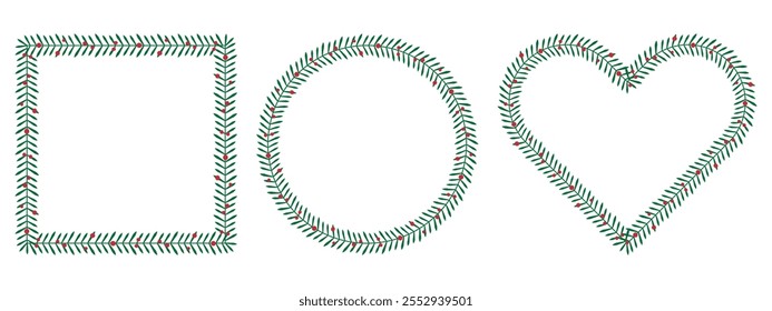 Set of holiday frames: square, round, and heart shapes designed with pine branches and red berries. Minimalist Christmas style perfect for cards, invitations, and festive projects.