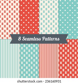 Set of Holiday Geometric Patterns with Christmas Trees, Polka Dot and Stripes in Turquoise, Red and Beige. Perfect for wallpapers, pattern fills, web page backgrounds, surface textures, textile 
