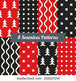 Set of Holiday Geometric Patterns with Cross, Christmas Trees, Waves and Rhombus in Black, Red and White. Perfect for wallpapers, pattern fills, web page backgrounds, surface textures, textile 