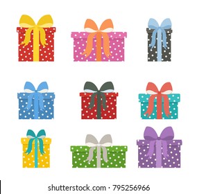 Set of holiday gift boxes with bow knots. Collection of packaged presents. Vector illustration in flat design.