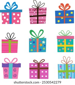 Set of holiday gift boxes in cartoon flat style, vector illustration. Colorful gift box with ribbon.