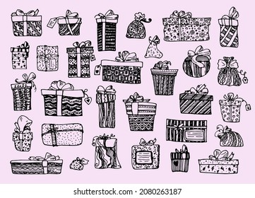 con cajas de regalo de vacaciones. juego de regalos dibujado a mano en forma de doodle contorno negro aislado en el vector rosa elementos aislados para tarjetas de felicitación. Ilustración vectorial de dibujos animados