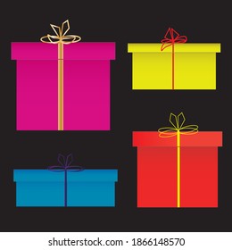 Conjunto de cajas de regalo de vacaciones sobre un fondo negro. Ilustración del vector