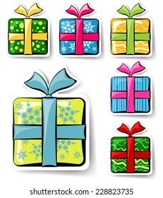 Set of Holiday gift boxes stickers. Collection of stickers with colorful different gift boxes with bows. Decorative objects. Vector is EPS10. Shadow with transparency effect and gradient meshes used.