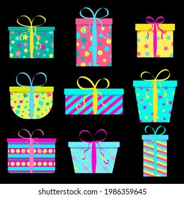 set of holiday gift boxes of various colors and shapes. collection of 9 items on dark background isolated. vector illustration to complement the decor of banners posters and cards