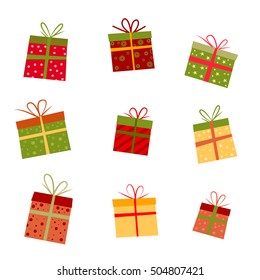 Set of holiday gift boxes. Vector illustration of Christmas, Xmas, New Year, Happy Birthday flat colorful presents. Group of packages with bow and ribbon. Good for decoration, wrapping, celebration.