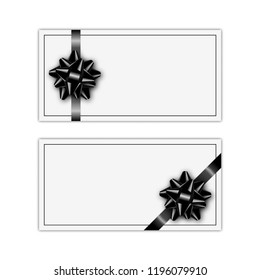 Set of holiday gift card with black ribbon and bow on white background. Template for a business card, banner, poster, notebook, invitation. Vector illustration for your design