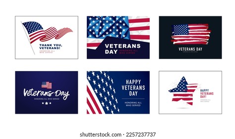 Set of holiday gift cards for the day of veterans. In honor of those who served. American flag. Vietnam Veterans Day in USA. Vector illustration.