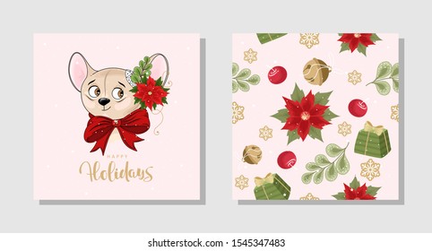 Set of holiday gift cards with Mouse, inscriptions and hand-drawn design elements. Vector illustration.