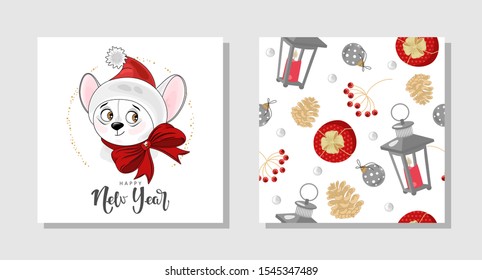 Set of holiday gift cards with Mouse, inscriptions and hand-drawn design elements. Vector illustration.