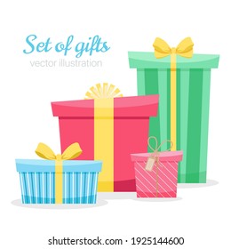Set of holiday gifts. Birthday gifts. Christmas gift boxes. Anniversary presents. Vector illustration 