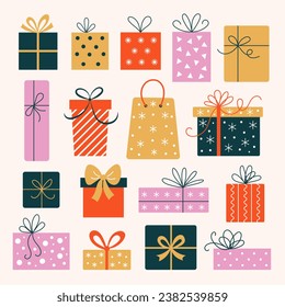 Set of holiday gifts in flat style. Icons of gifts painted in vintage colors. Elements for the design of banners and cards.