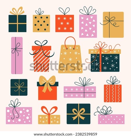 Set of holiday gifts in flat style. Icons of gifts painted in vintage colors. Elements for the design of banners and cards.