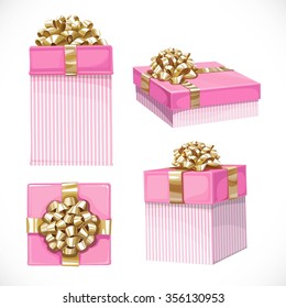 Set of holiday gifts in pink boxes with gold bow isolated on a white background