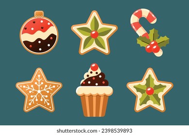 Set of Holiday gingerbread cookie, candy and cake with colored icing, sprinkles and christmas berries. Vector illustration in flat style