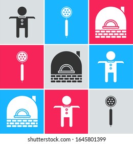 Set Holiday gingerbread man cookie , Strainer spoon  and Brick stove  icon. Vector
