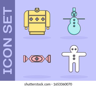 Set Holiday gingerbread man cookie, Christmas sweater, Candy and Christmas snowman icon. Vector