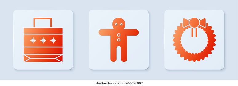 Set Holiday gingerbread man cookie, Christmas paper shopping bag and Christmas wreath. White square button. Vector