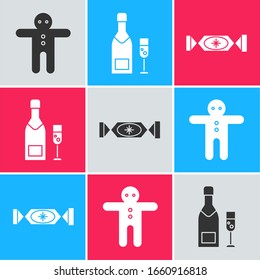 Set Holiday gingerbread man cookie, Champagne bottle and glass of champagne and Candy icon. Vector