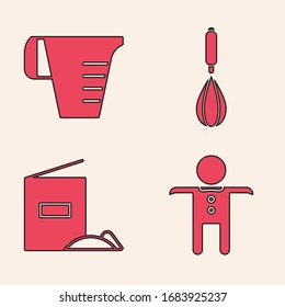 Set Holiday gingerbread man cookie , Measuring cup, Kitchen whisk  and Flour pack  icon. Vector