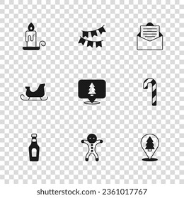 Set Holiday Lebkuchen Mann Keks, Candy Rohr mit Streifen, Weihnachtsbaum, Umschlag, Burning Kerze, Karneval Garland Flaggen und Santa Claus Schlittensymbol. Vektorgrafik