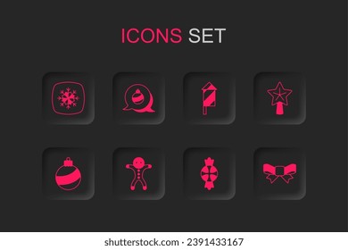 Set Holiday gingerbread man cookie, Christmas ball, Snowflake, Candy, star, Gift bow, Firework rocket and  icon. Vector