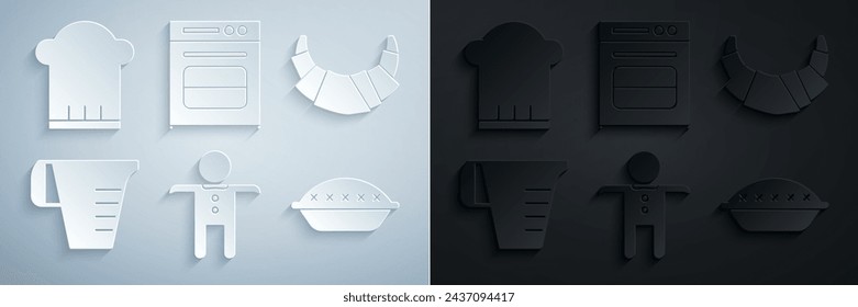 Set Holiday gingerbread man cookie, Croissant, Measuring cup, Homemade pie, Oven and Chef hat icon. Vector