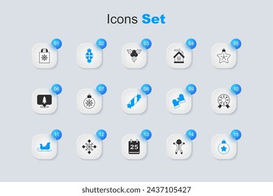 Set Holiday gingerbread man cookie, Christmas ball, Candy, santa claus sleigh, wreath, shopping bag and  icon. Vector