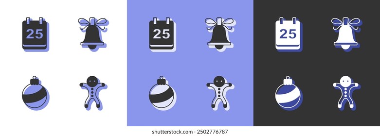Set Holiday gingerbread man cookie, Christmas calendar, ball and ringing bell icon. Vector