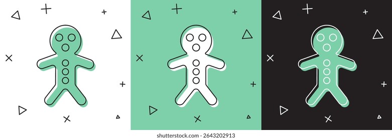 Set Holiday gingerbread man cookie icon isolated on white and green, black background. Cookie in shape of man with icing.  Vector