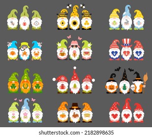 Set of holiday gnomes. Funny designs for all occasions and seasons design. Collection of vector signs, icons and design elements.