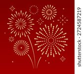 Set of holiday golden firework explosion isolated on red background. Chinese New Year celebration. Traditional festival or event. Vector illustration