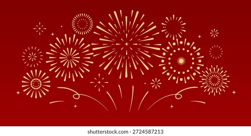 Conjunto de feriado dourado explosão fogo de artifício isolado no fundo vermelho. Celebração do Ano Novo Chinês. Festival ou evento tradicional. Ilustração vetorial