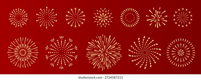 Conjunto de explosión de fuegos artificiales de oro de vacaciones aislado sobre fondo rojo. Celebración del Año Nuevo Chino. Festival o evento tradicional. Ilustración vectorial
