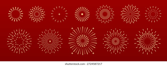 Conjunto de explosión de fuegos artificiales de oro de vacaciones aislado sobre fondo rojo. Celebración del Año Nuevo Chino. Festival o evento tradicional. Ilustración vectorial