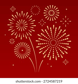 Set of holiday golden firework explosion isolated on red background. Chinese New Year celebration. Traditional festival or event. Vector illustration